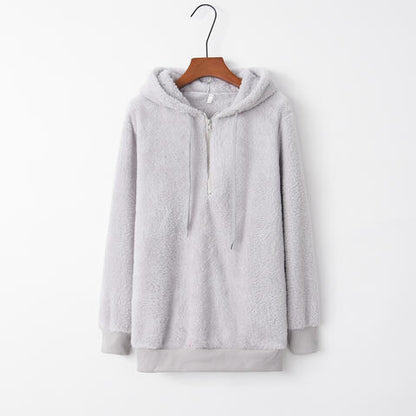 Full Size Quarter-Zip Drawstring Teddy Hoodie